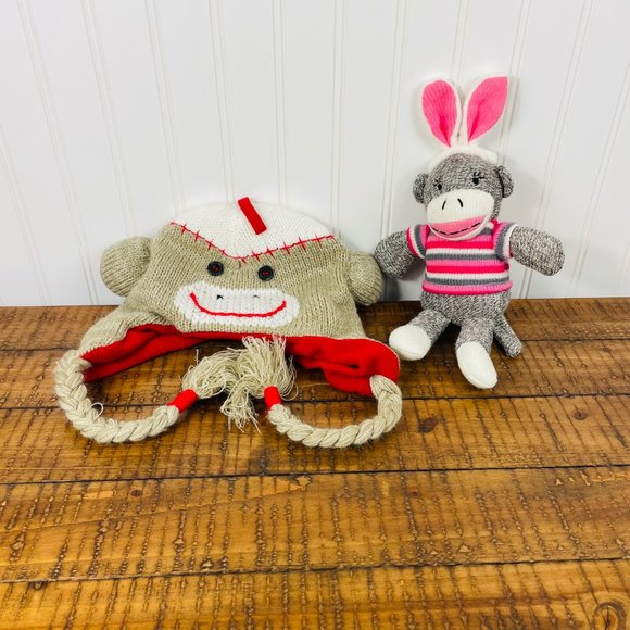 Lot of 2-Kids Sock Monkey Beanie/ Hat- Arizona & Small Sock Monkey Plush Dan Dee - Picture 3 of 15